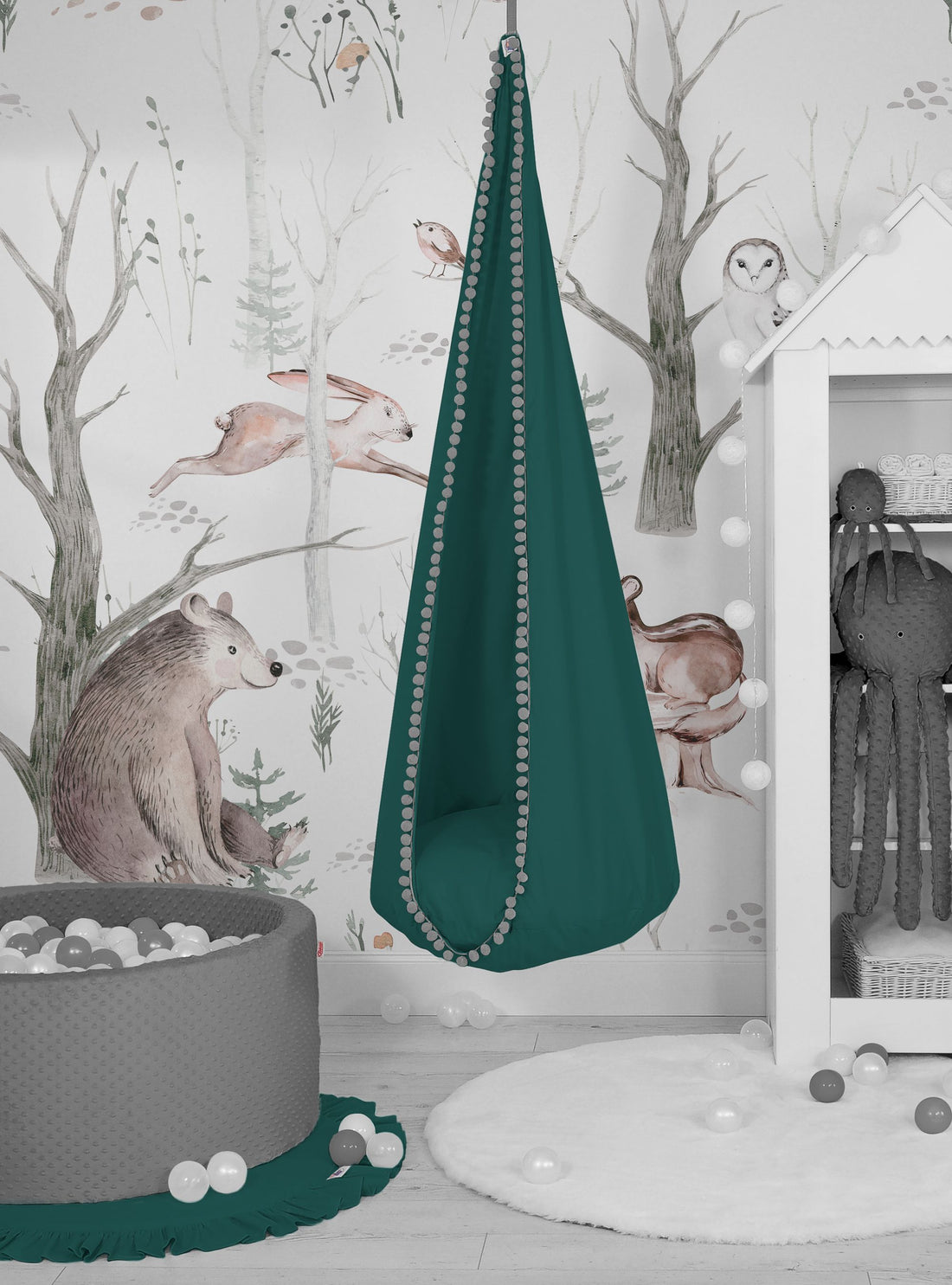 Hängande gungkokong - barngunga - bekväm och säker, tvättbar kudde, flaskgrön