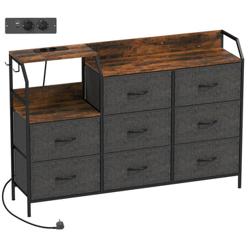 Ladekast met 8 stoffen lades | Kleur: Rustiek-Bruin+Zwart | Afmetingen: 130,5x30x88 cm