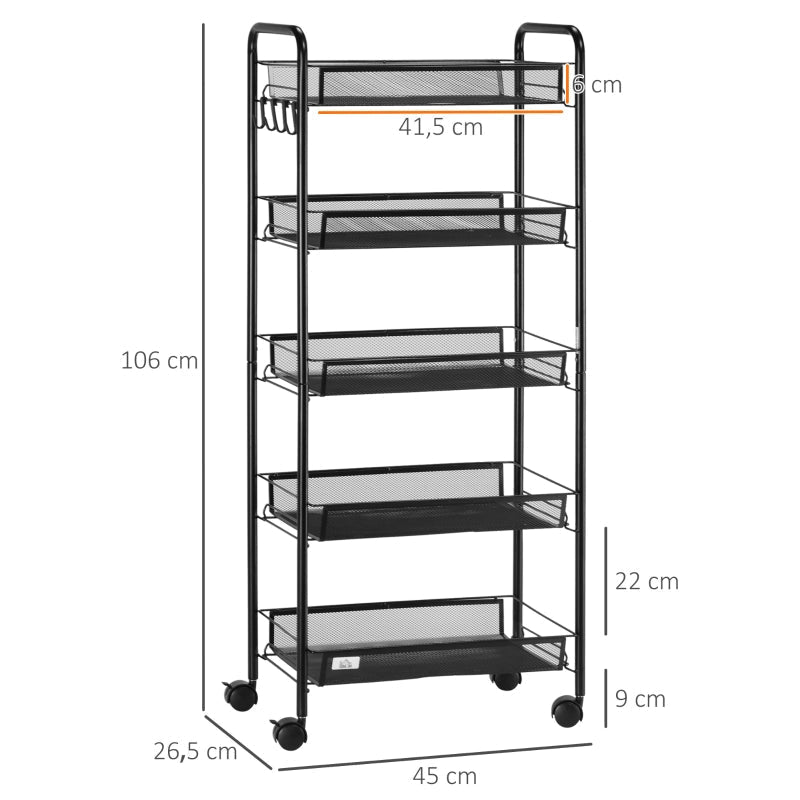 Keukentrolley - Serveerwagen met 5 manden | Kleur: Zwart | Afmetingen: 26.5x45x106 cm