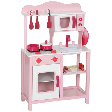 Houten kinderkeuken met accessoires en geluiden | Kleur: Roze | Afmetingen: 24x55x86 cm