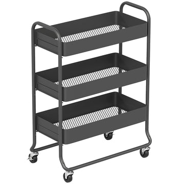 Keuken trolley met 3 manden en 4 wielen | Kleur: Zwart | Afmetingen: 34x64,5x87 cm