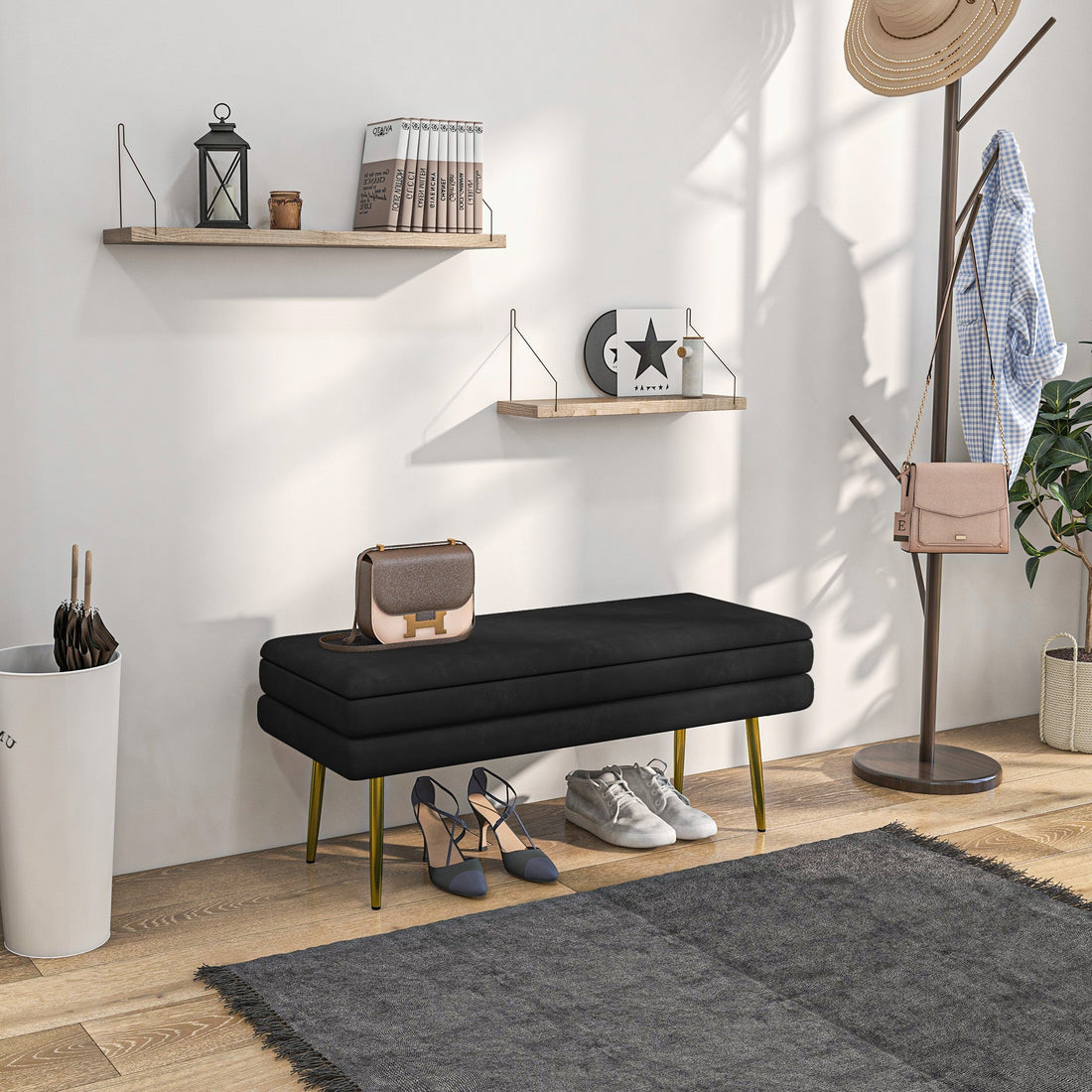 Svart klädd bänk med förvaring | Färg: Svart | Mått: 100x37.5x42 cm