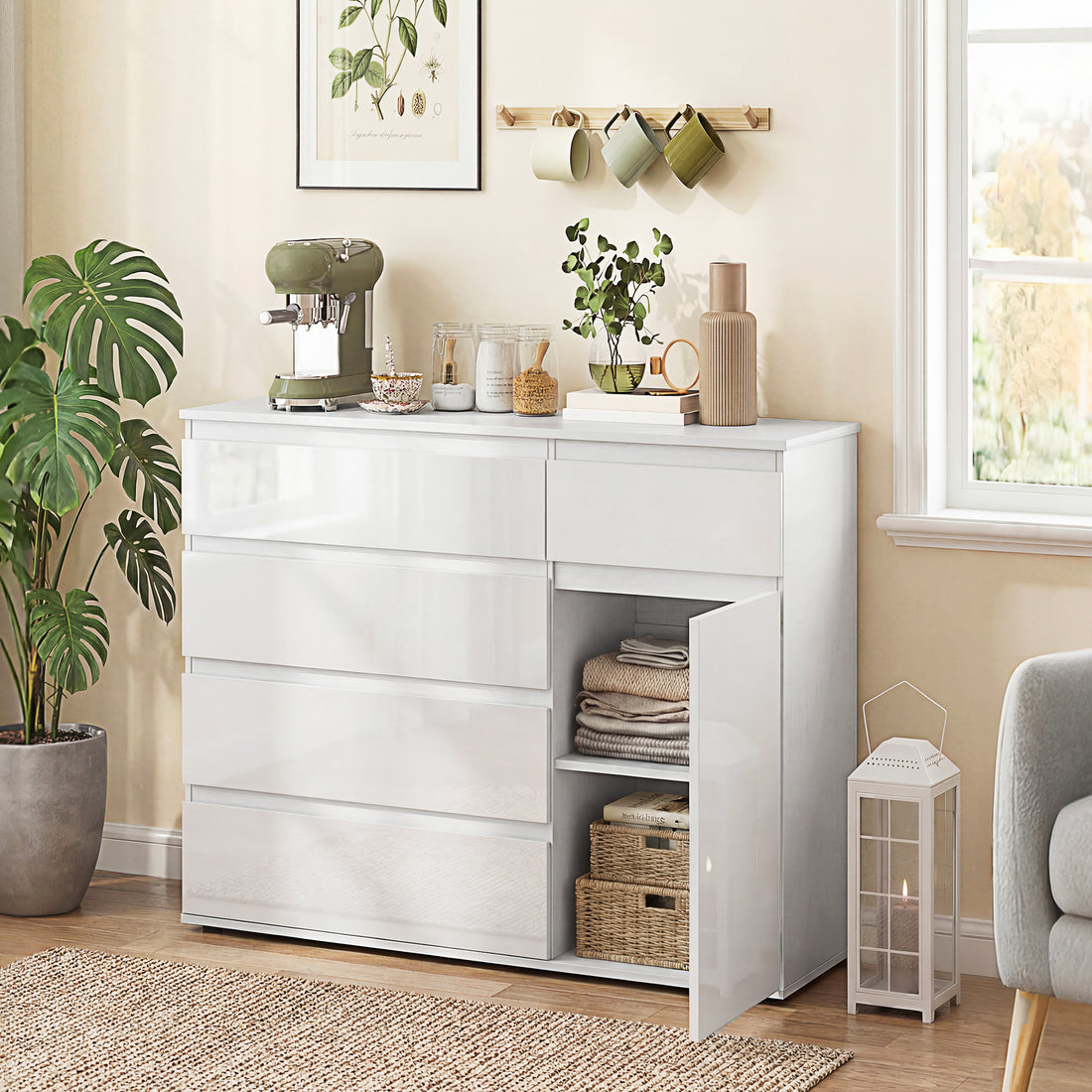 Modernt sideboard med 5 lådor och skåp med mjukstängning | Färg: Vit (högglans) | Mått: 100x40x80 cm