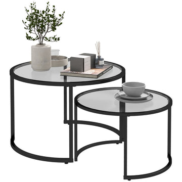 Set van 2 bijzettafels | Kleur: Zwart + transparant | Afmetingen: 70x70x47,5/54x54x42,5 cm