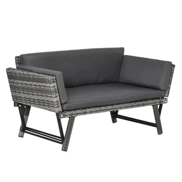 Tuinbank polyrattan met neerklapbare armleuningen | Kleur: Grijs | Afmetingen: 63x129x67 cm