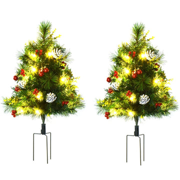 Set van 2 kunstkerstbomen met verlichting - Dennen | Kleur: Groen | Afmetingen: 33x33x75 cm