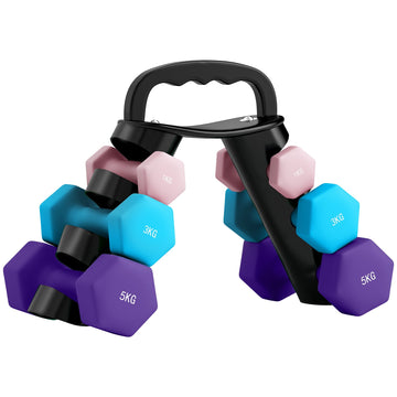 Dumbbellset met opbergrek, 6 dumbbells | Kleur: Roze+Blauw | Afmetingen: 42x10x30 cm