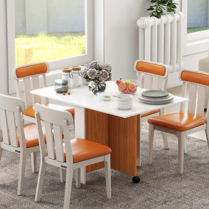 Uitklapbare eettafel - Inklapbare tafel op wielen | Kleur: Teak + wit | Afmetingen: 80x120x73 cm