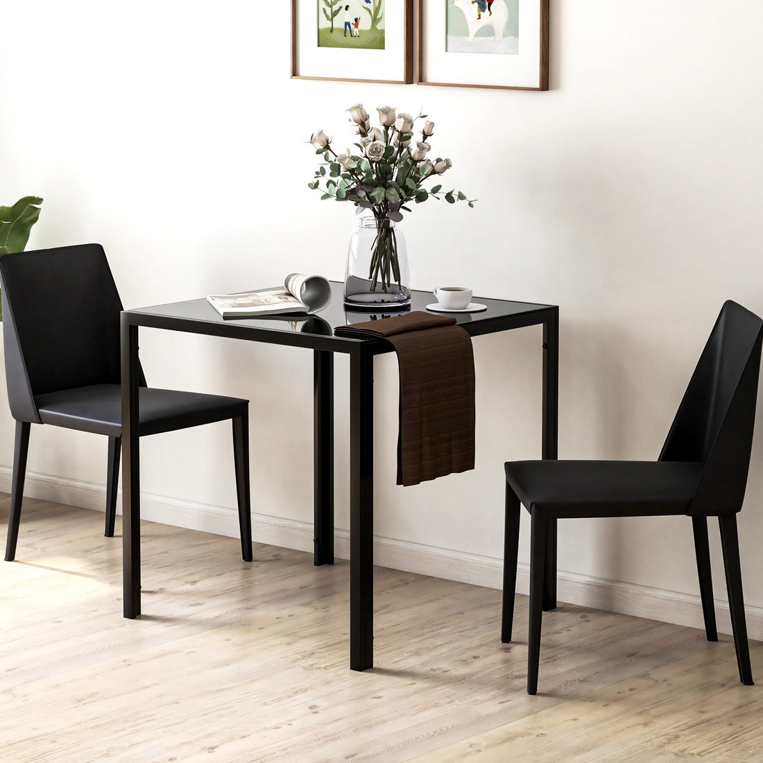 Vierkante eettafel voor 4 personen met glazen blad | Kleur: Zwart | Afmetingen: 75x75x75 cm