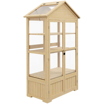 Houten kas met 4 niveaus en dubbele deuren | Kleur: Naturel | Afmetingen: 56.5x100x178 cm