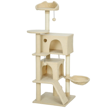 Kattenklimpaal 140 cm met hangmat, grotten en krabpaal | Kleur: Bruin | Afmetingen: 48x48x140 cm