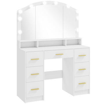 Witte kaptafel met spiegel en 10 LED Hollywood-lampen | Kleur: Wit | Afmetingen: 110x40x150 cm