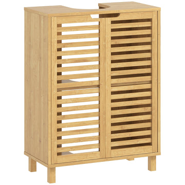 Bamboe wastafelkast met latdeuren en verstelbare planken | Kleur: Bruin | Afmetingen: 60x30x80 cm