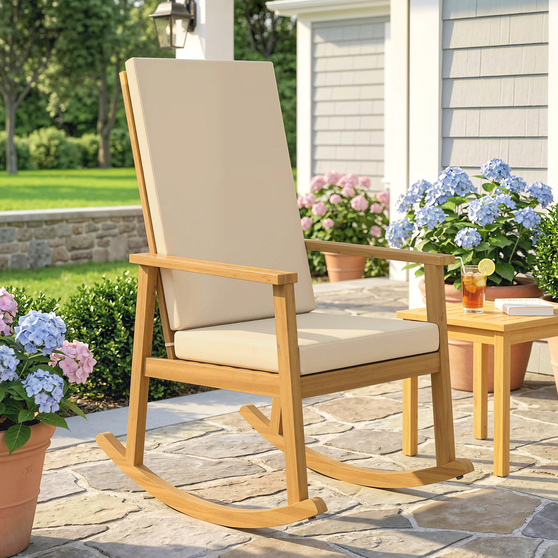 Schommelstoel van acaciahout met kussens | Kleur: Beige | Afmetingen: 60x89x107 cm
