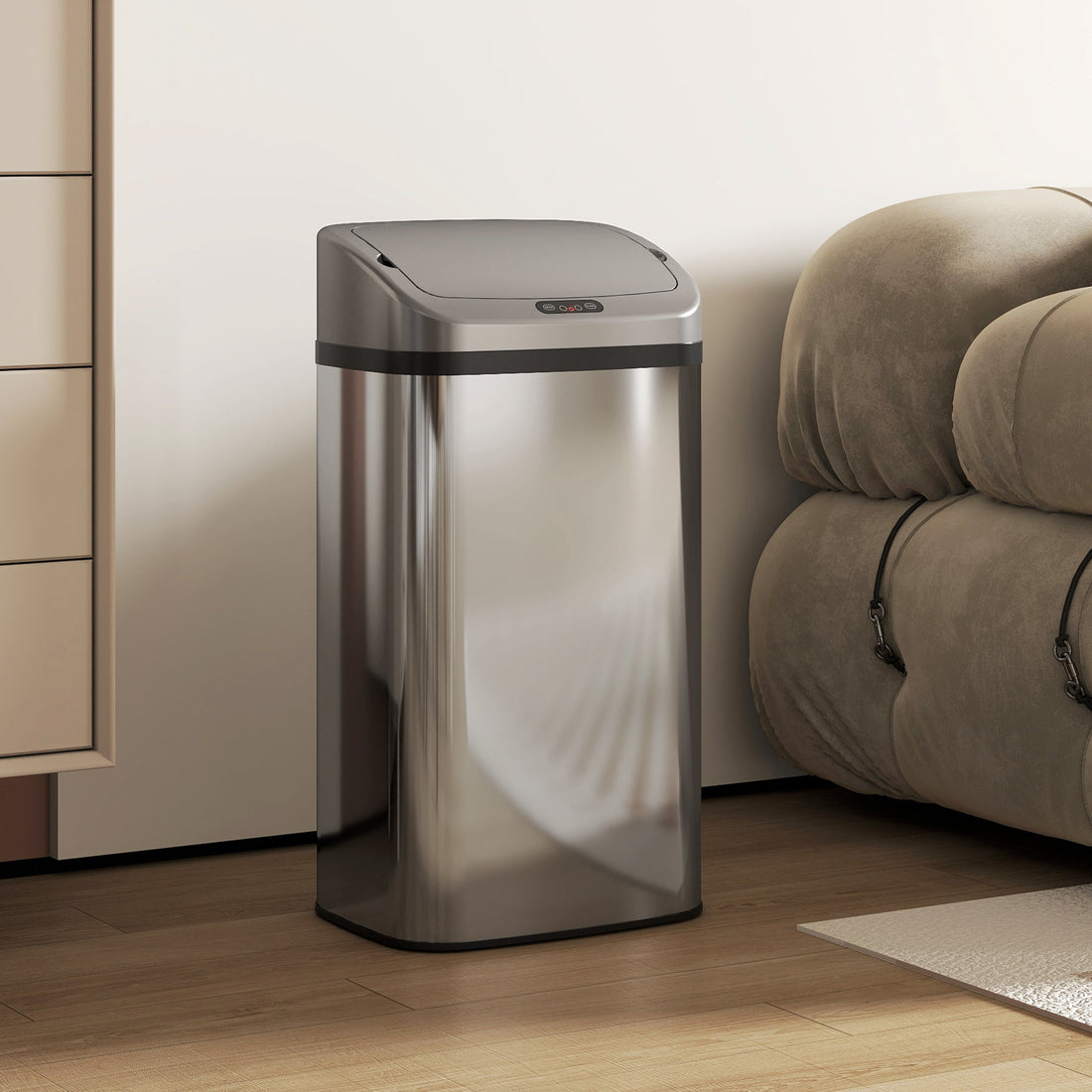48L Sensor-Mülleimer mit Automatikschloss | Farbe: Silber | Abmessungen: 33x25x69 cm