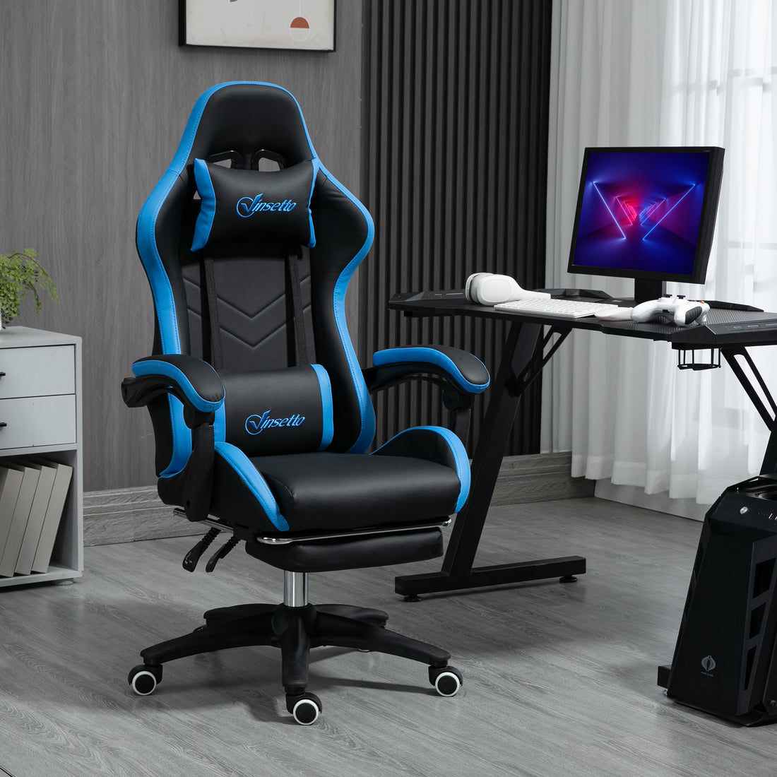 Gaming-Stuhl mit Fußstütze und Liegefunktion | Farbe: Schwarz/Blau | Abmessungen: 65x65x121-129 cm