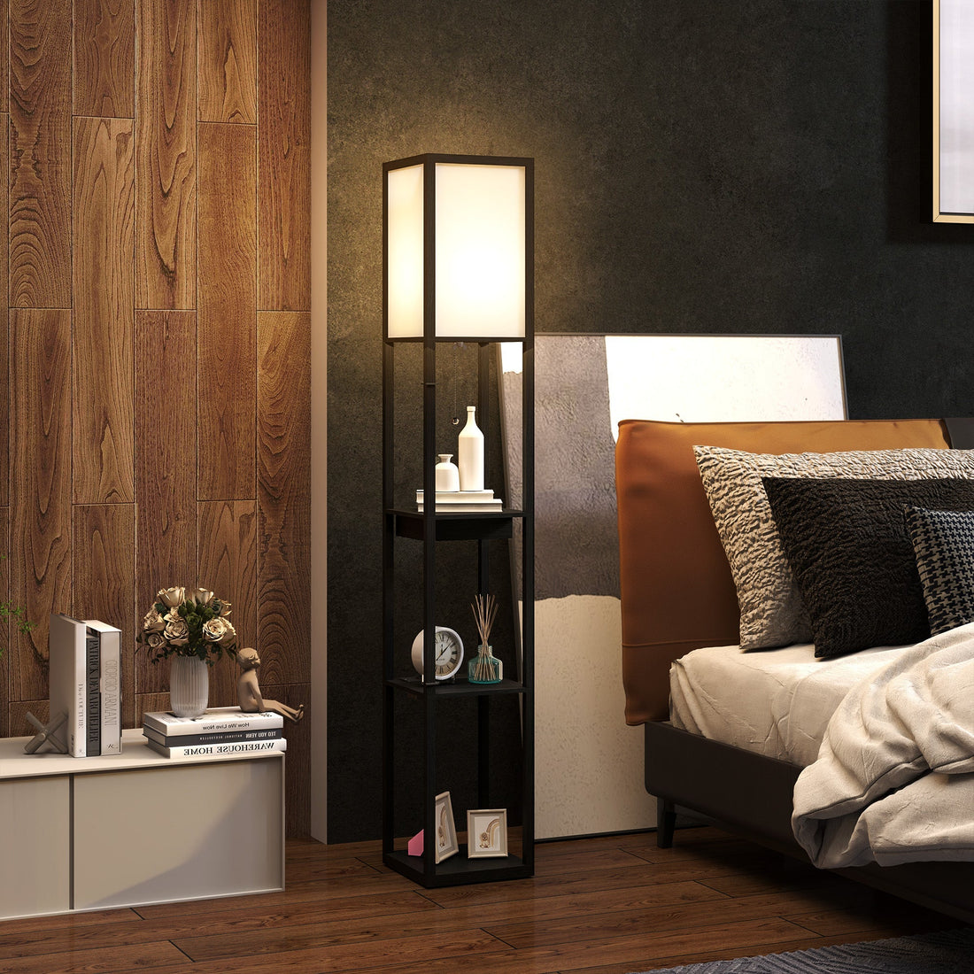 Vloerlamp met 3 planken, lade en USB-poorten | Kleur: Zwart