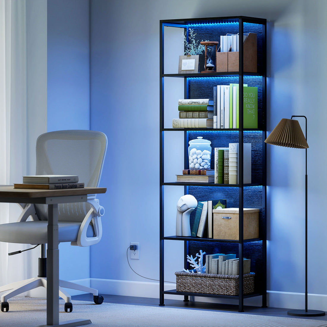 Bücherregal mit 5 Ablagen und LED-Beleuchtung | Farbe: Schwarz | Maße: 60x30x179 cm