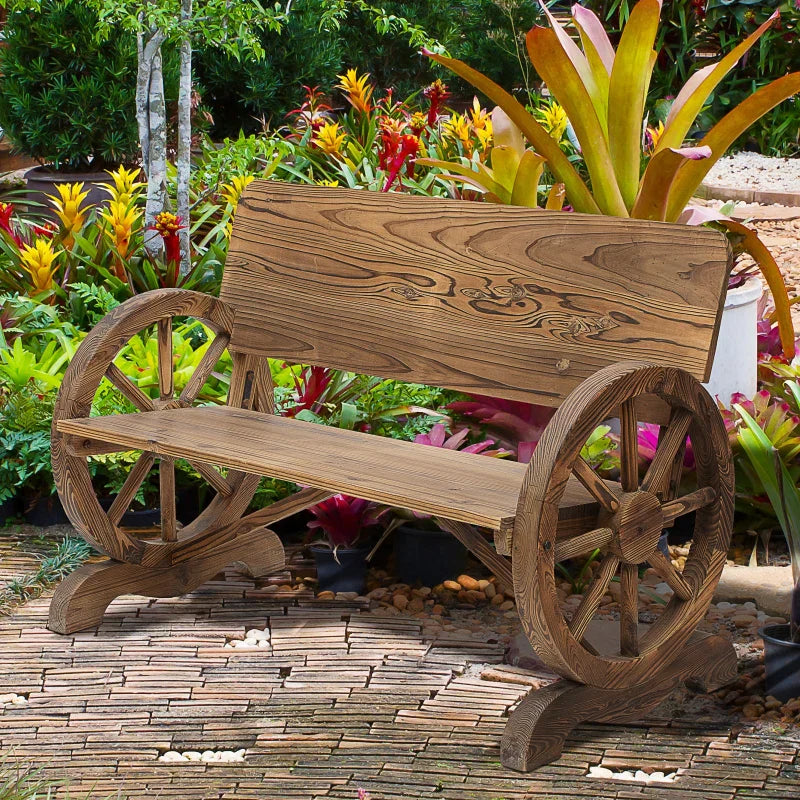 Rustikale Gartenbank aus Holz mit Wagenrad-Armlehnen | Farbe: Dunkelbraun | Maße: 58x114x80 cm