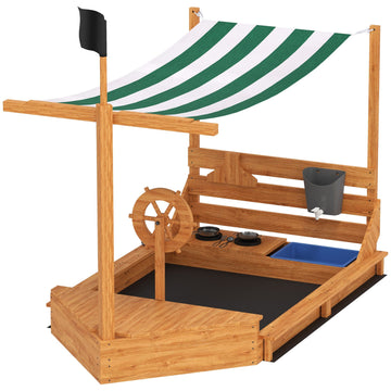 Piratenboot zandbak met zonnedak | Kleur: Bruin, Groen | Afmetingen: 103x180x144.5 cm