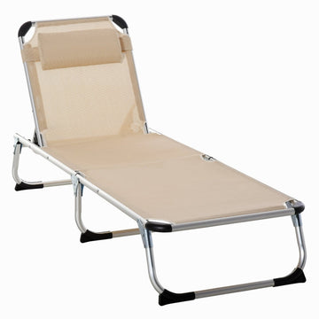 Verstelbare ligstoel - Zonnebed met kussen | Kleur: Beige | Afmetingen: 60x170x76 cm