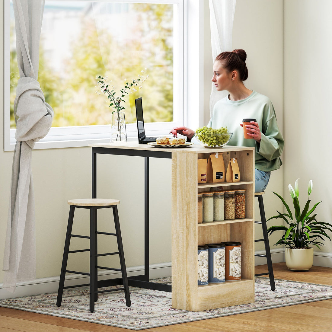 3-delige bartafelset met opbergruimte | Kleur: Bruin, zwart | Afmetingen: 49x91x91 cm