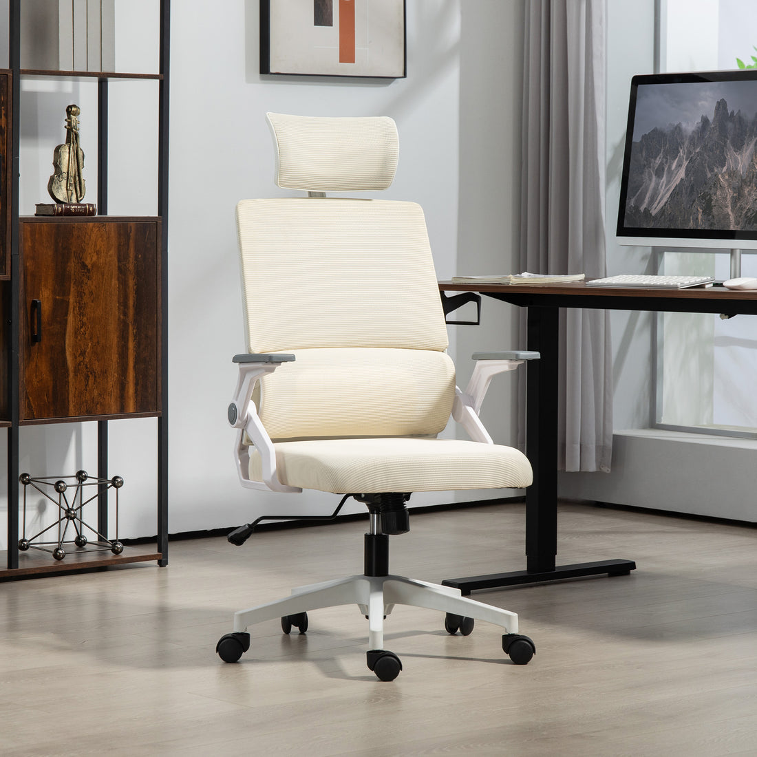 Bürostuhl mit Kopfstütze | Farbe: Beige | Abmessungen: 61x60x104,5-121,5 cm