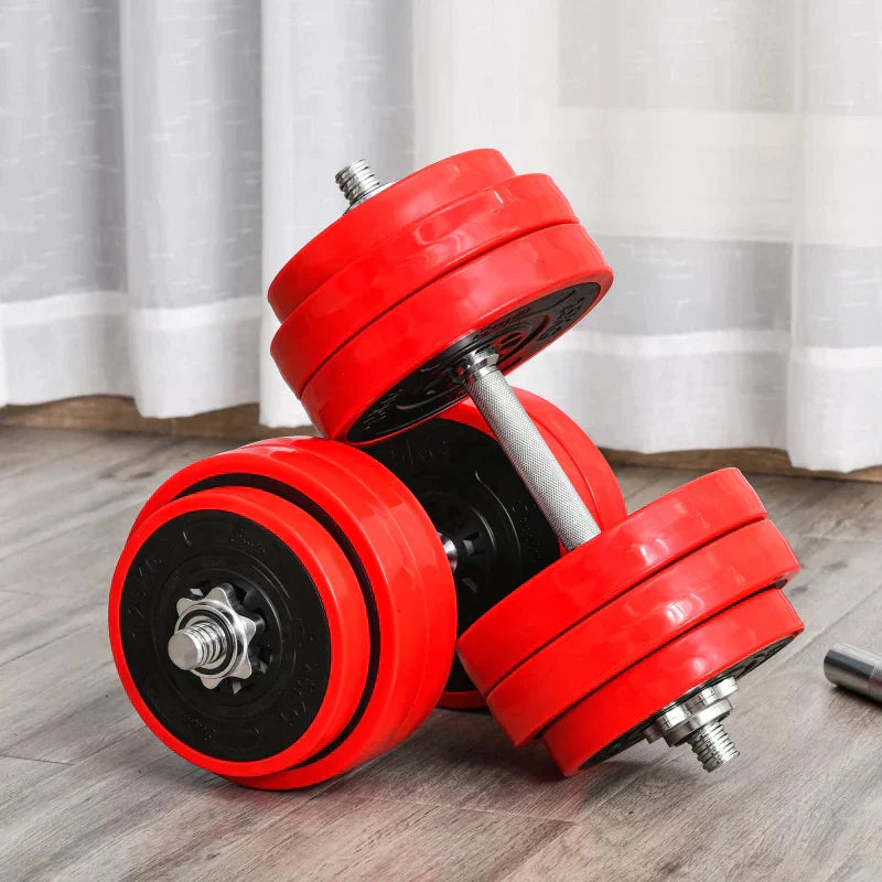 2-in-1 halterset 30 kg - Dumbbell- en barbellset | Kleur: Rood + zwart