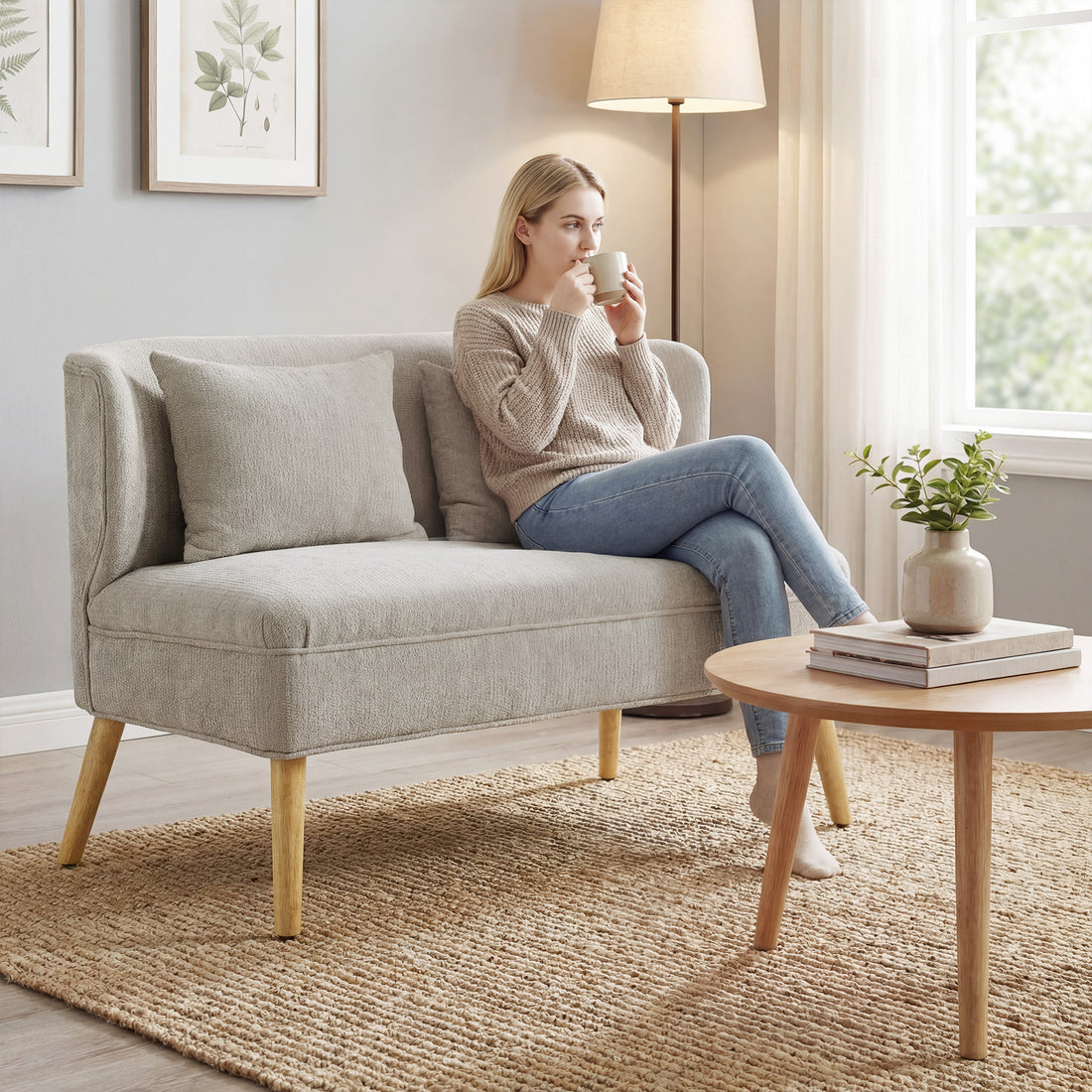 2-zitsbank van chenille met vleugelrug | Kleur: Beige | Afmetingen: 117x65x78,5 cm