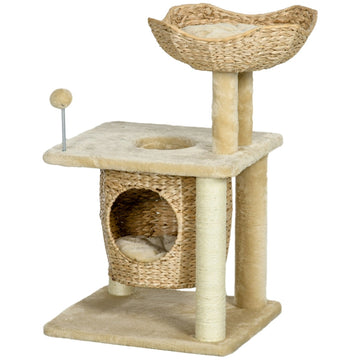 Kattenboom - Krabpaal met pluche, sisal en gevlochten riet | Kleur: Beige | Afmetingen: 40x45x74 cm