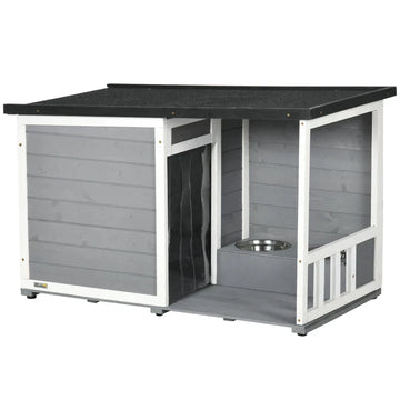 Hondenhok met veranda en voerbakken | Kleur: Zwart+Grijs+Wit | Afmetingen: 62x103x60/66 cm