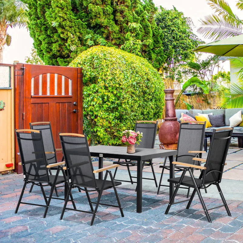 Gartenmöbel-Set mit Tisch und 6 verstellbaren Stühlen | Farbe: Schwarz | Abmessungen: 90x140x74 cm