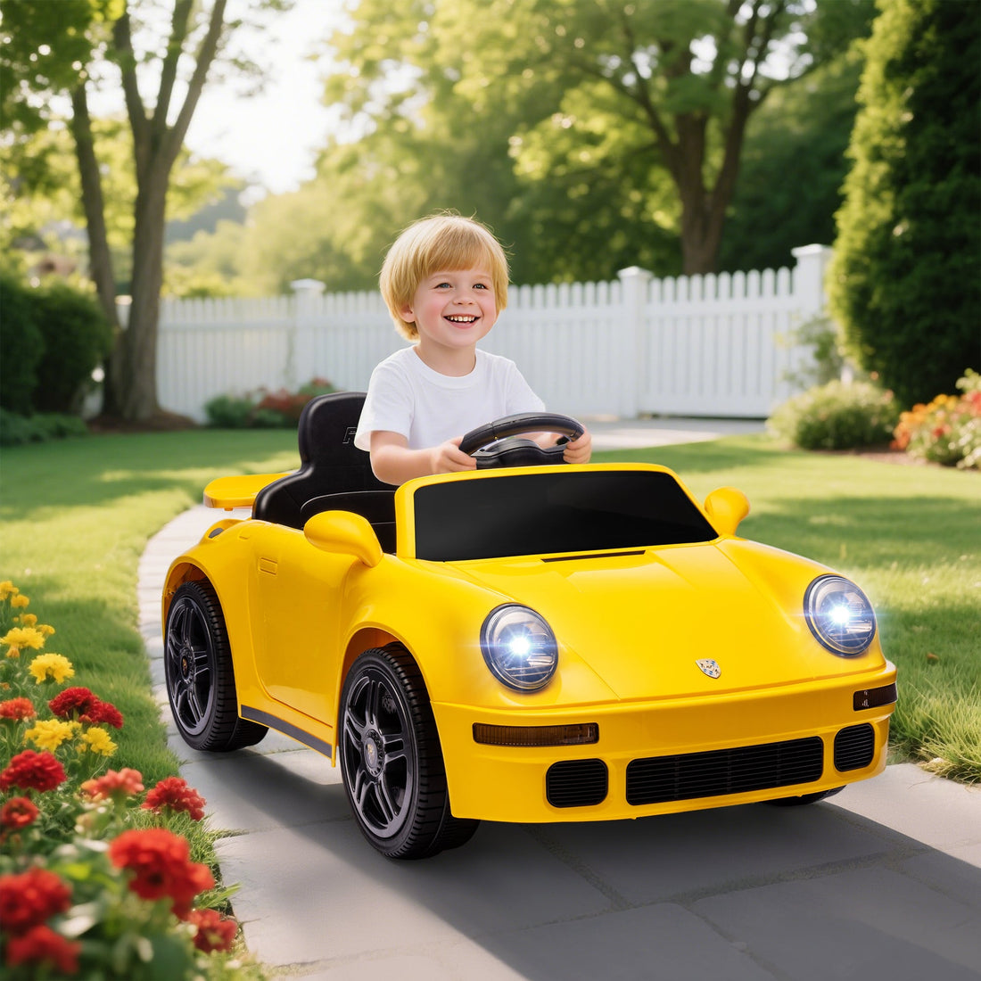 12V Elektro-Kinderauto mit Fernbedienung und LED | Farbe: Gelb | Maße: 55x103x44 cm