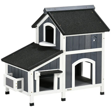 Buitenkattenhuis met 2 verdiepingen | Kleur: Grijs+Wit+Zwart | Afmetingen: 65x96x85.5 cm