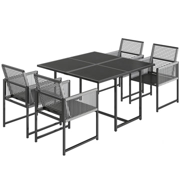 5-delige tuinset met glazen tafel en 4 klapstoelen | Kleur: Lichtgrijs | Afmetingen: 120x120x72 cm