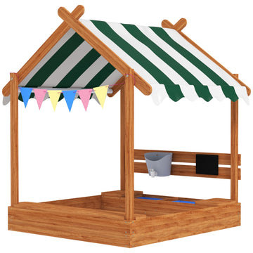 Houten zandbak met dak en speelhuisje | Kleur: Bruin, groen | Afmetingen: 116x124x146 cm