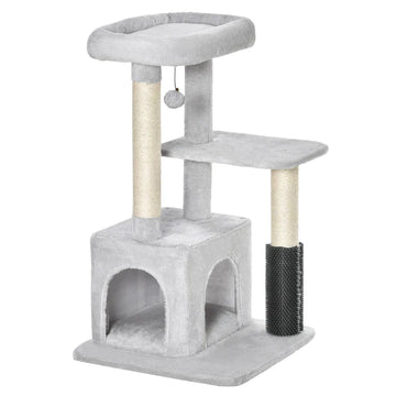 Kattenkrabpaal met kattenhuis en ligbed | Kleur: Lichtgrijs | Afmetingen: 48x48x85 cm