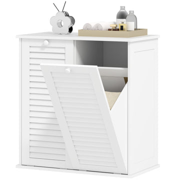 Wasmandkast met 2 wasmanden en lameldeuren | Kleur: Wit | Afmetingen: 38x70x73 cm