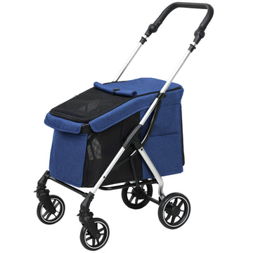 Opvouwbare hondenbuggy voor kleine honden | Kleur: Blauw, zilver | Afmetingen: 48.5x80x106 cm