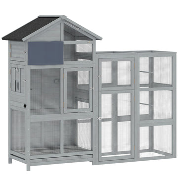 Houten vogelvolière met 6 zitstokken | Kleur: Grijs | Afmetingen: 60x196x164,5 cm