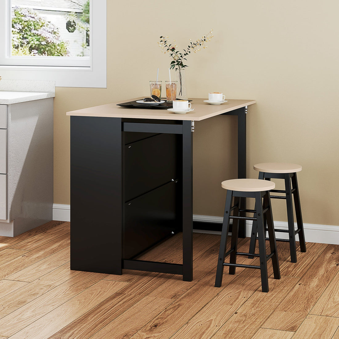 Bartisch-Set mit klappbarem Tisch und 2 Barhockern | Farbe: Schwarz, Braun | Abmessungen: 70x116x89.5 cm