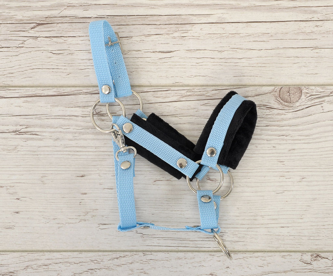 Verstelbare halster - paardenhalster - extra comfortabel zacht bont, nylon, lichtblauw/zwart