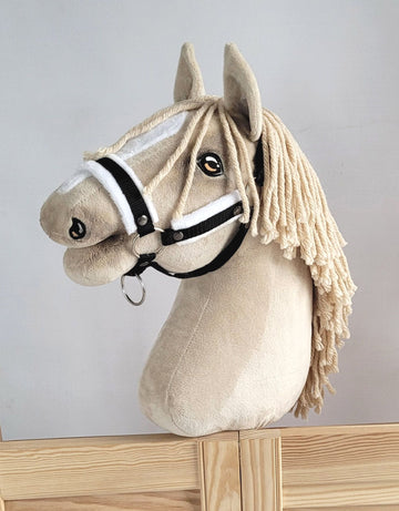 Verstelbare halster, paardenhalster, zacht wit bont – perfect op maat – zwart, maat A3