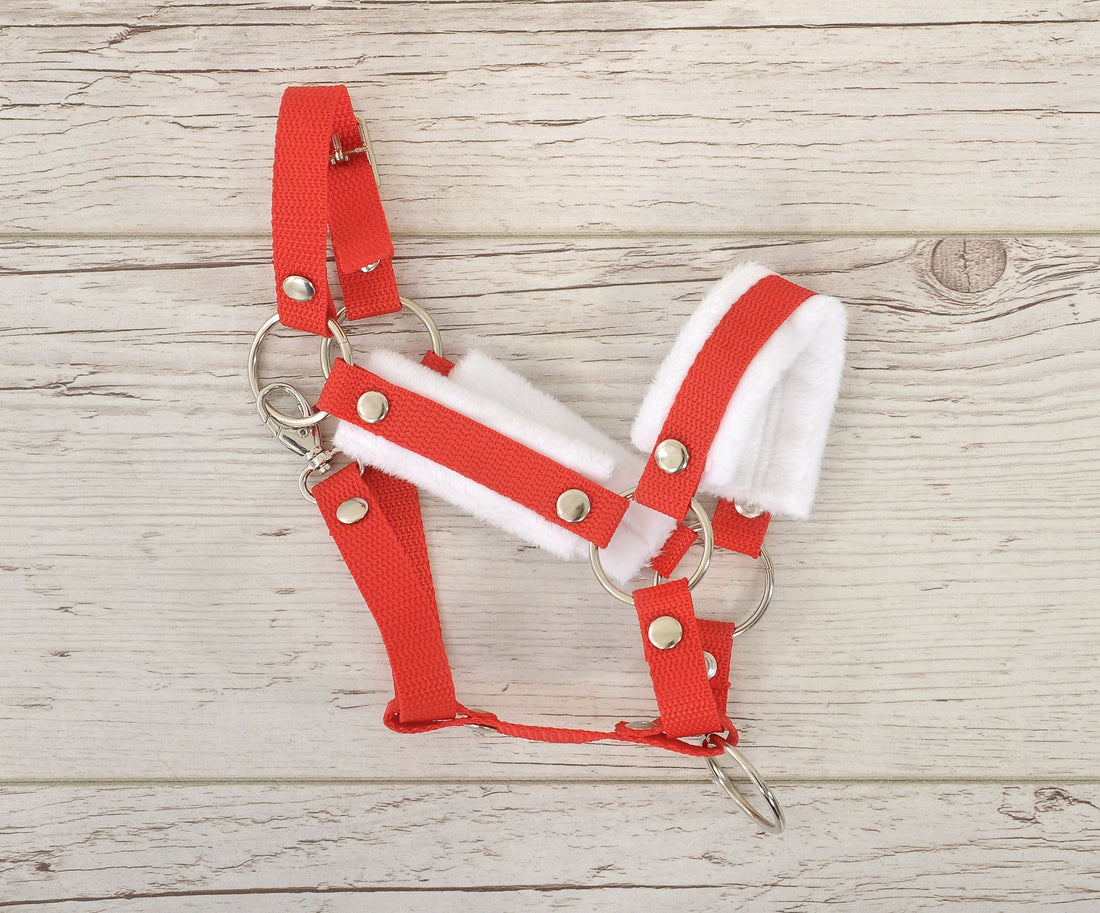 Verstelbare halster, paardenhalster, extra zacht bont voor Hobby Horse A3 - rood/wit