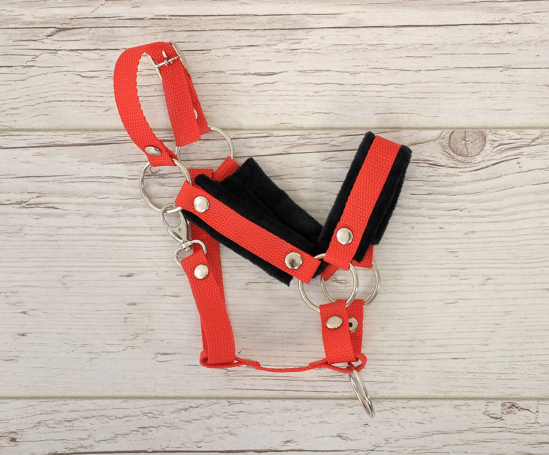 Verstelbare halster - paardenhalster - extra comfort voor Hobby Horse A3, rood met zwarte bont