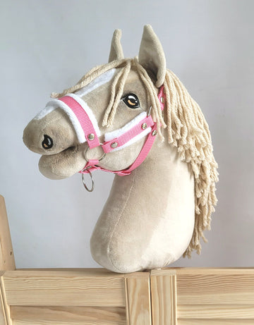 Verstelbaar hoofdstel, halster, comfortabel bont, voor Hobby Paard A3 – roze-wit