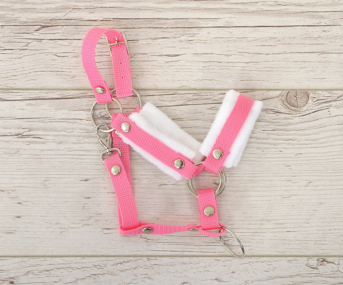 Verstelbaar hoofdstel, halster, comfortabel bont, voor Hobby Paard A3 – roze-wit