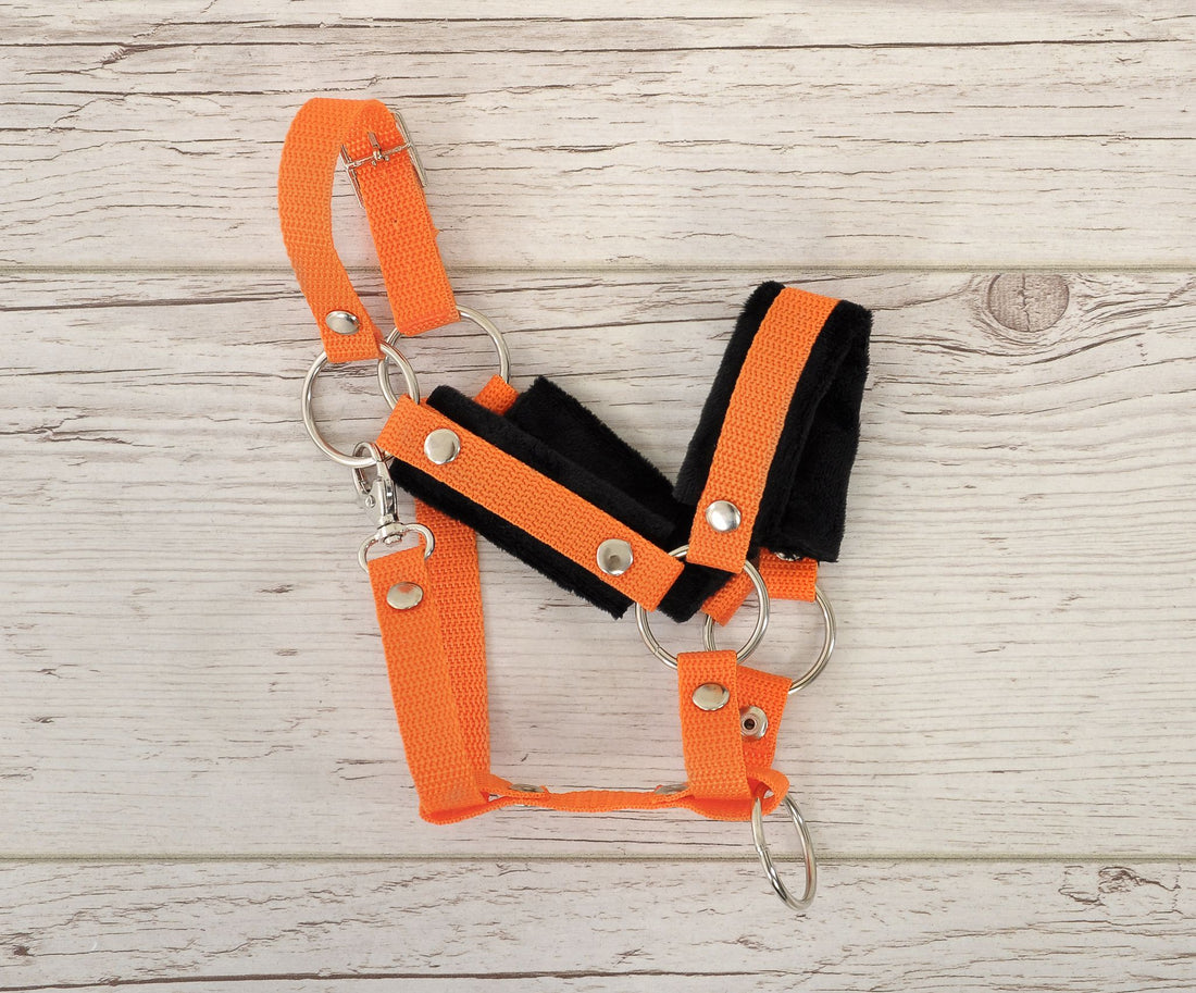 Verstelbare halster, paardenhalster, extra zacht bont voor Hobby Horse A3 - oranje/zwart