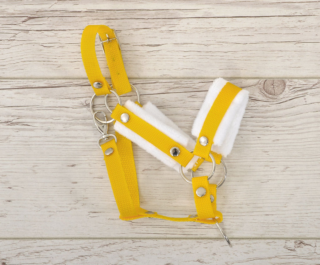 Verstelbaar hoofdstel, paardenhalster, extra zacht bont - Geel/wit - Voor Hobby Horse A3