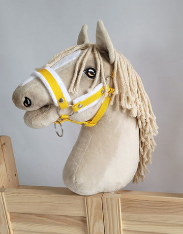 Verstelbaar hoofdstel, paardenhalster, extra zacht bont - Geel/wit - Voor Hobby Horse A3